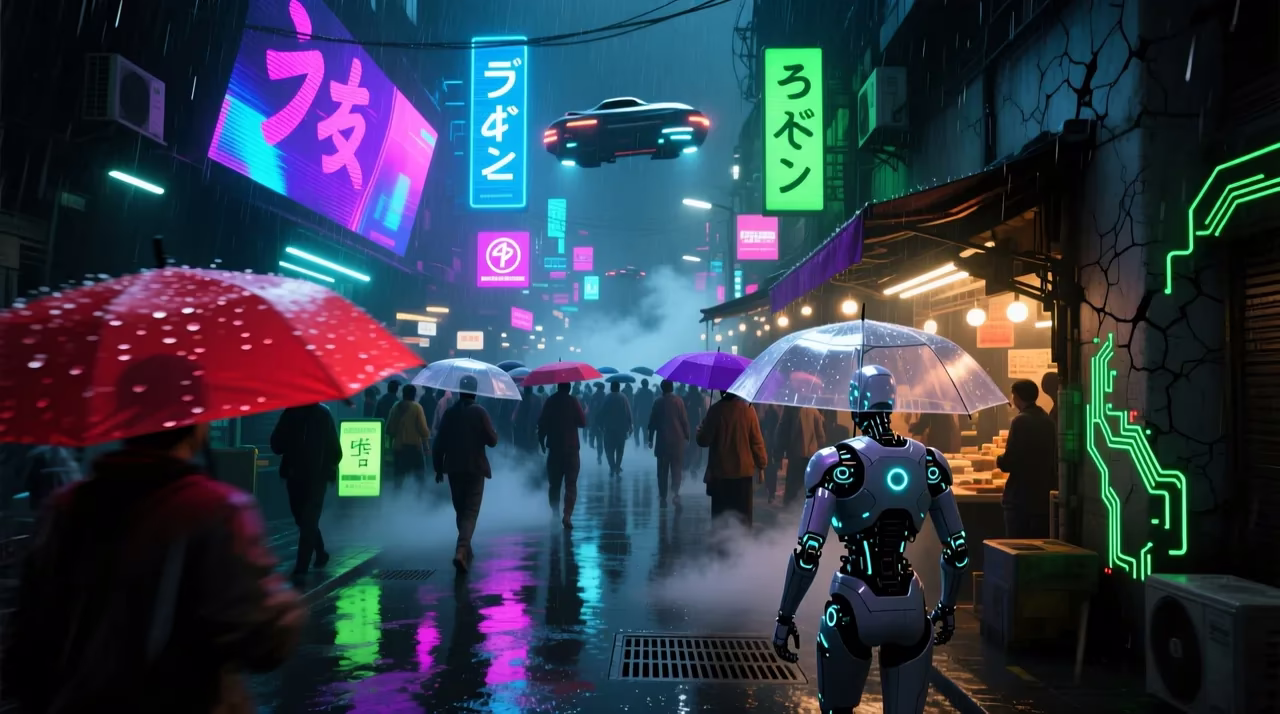 Cyberpunk street market at night in the rain