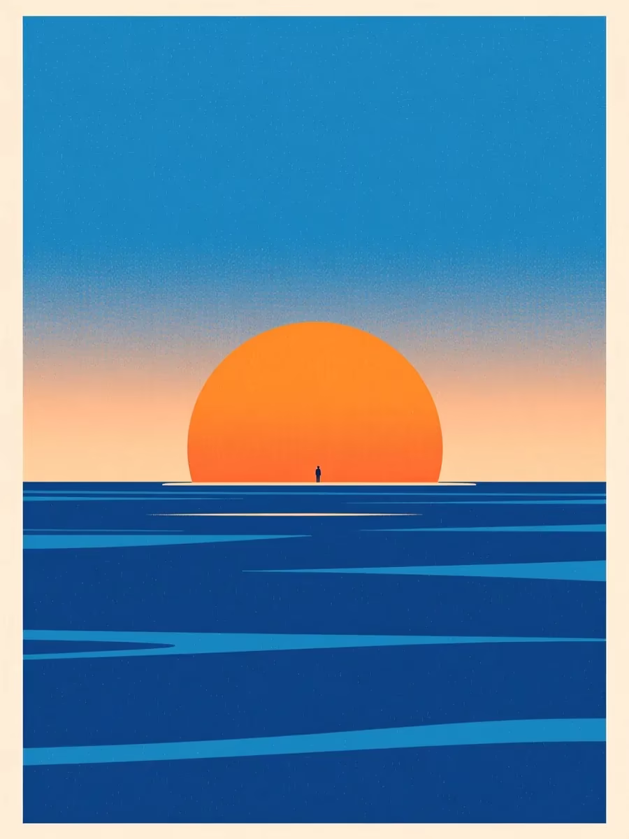 Minimalist poster of an orange sun over a blue ocean