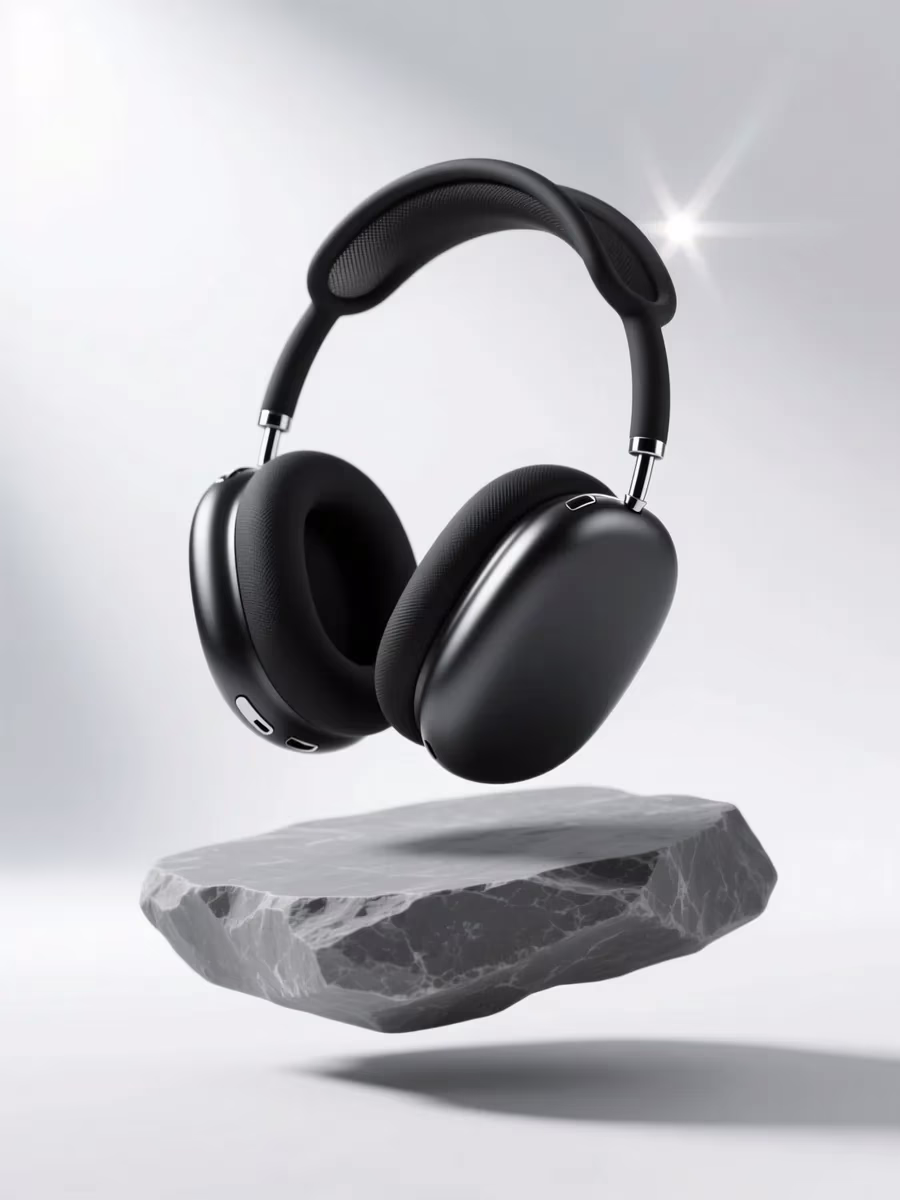 Black over-ear headphones floating above a grey stone, product photo