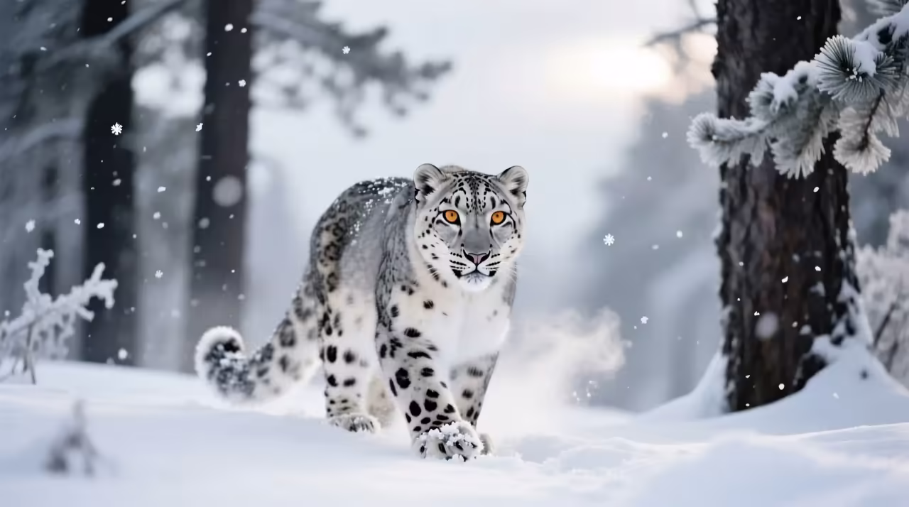 Snow leopard walking through a snowy pine forest