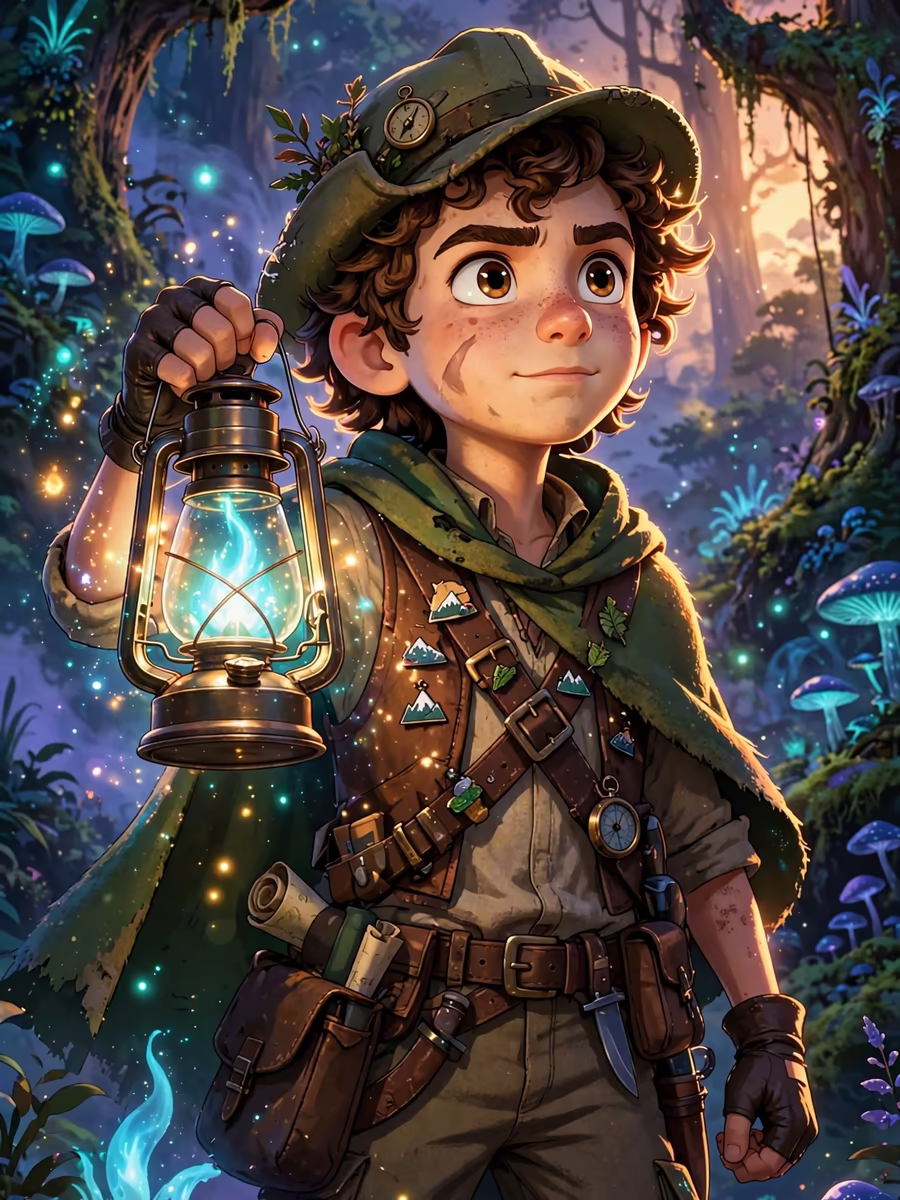Animated explorer with a glowing lantern in an enchanted forest, AI animation maker