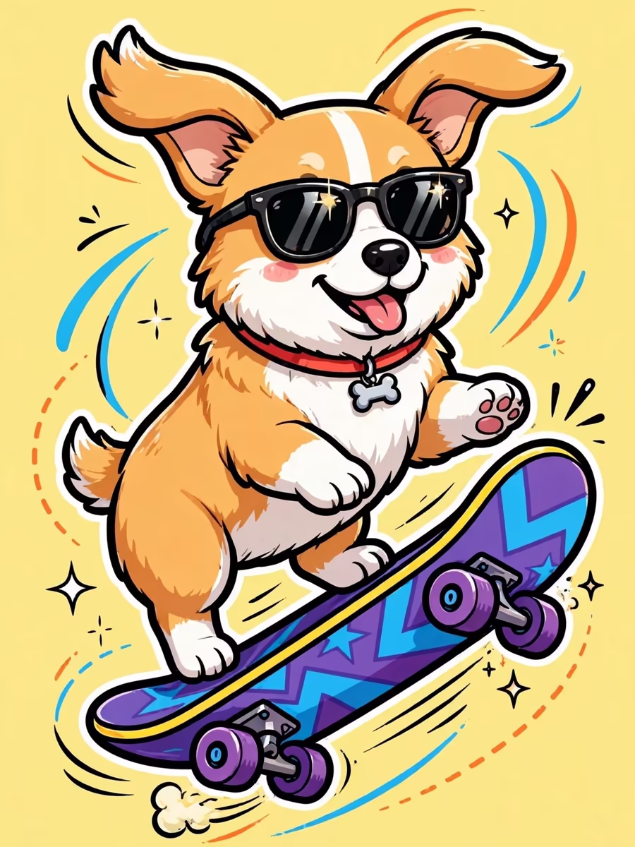 Sticker-style corgi in sunglasses on a skateboard, AI GIF generator
