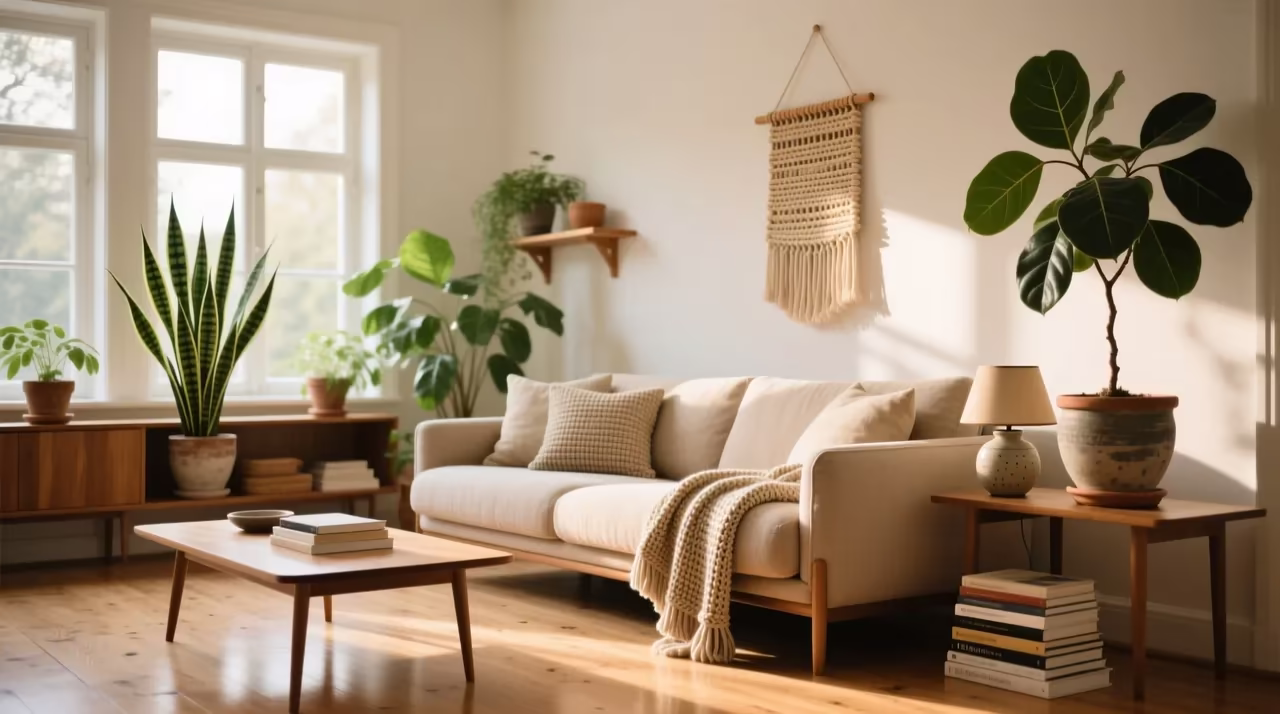 Scandinavian living room with morning light and plants